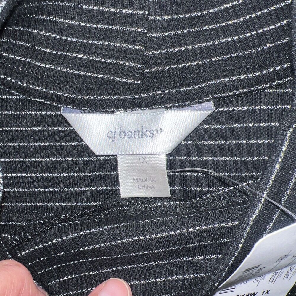CJ Banks 1X Black Silver Stripe Long Stretch Mock Turtleneck - Picture 3 of 5